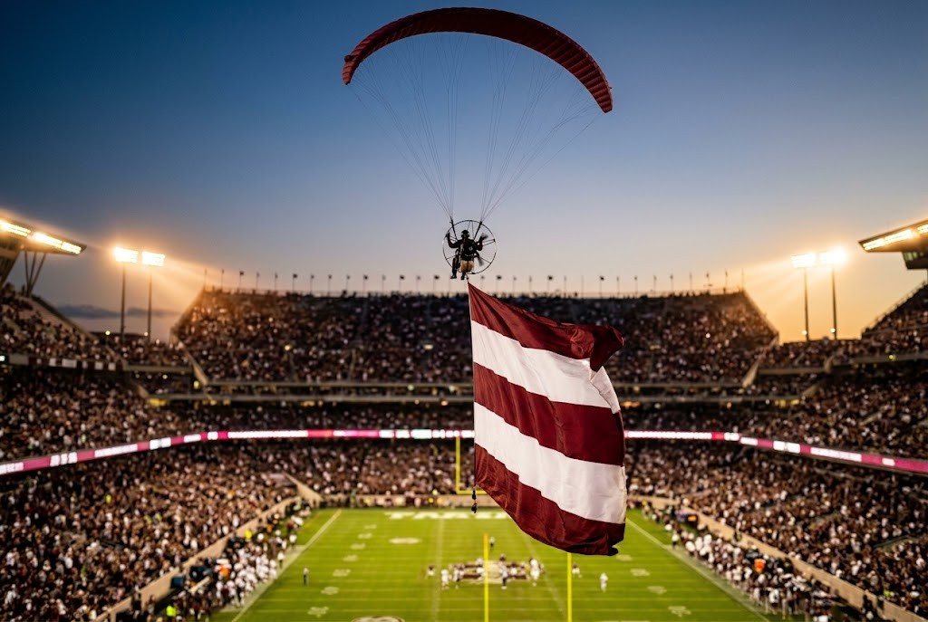 A paramotor flying a large flag over a stadium at dusk