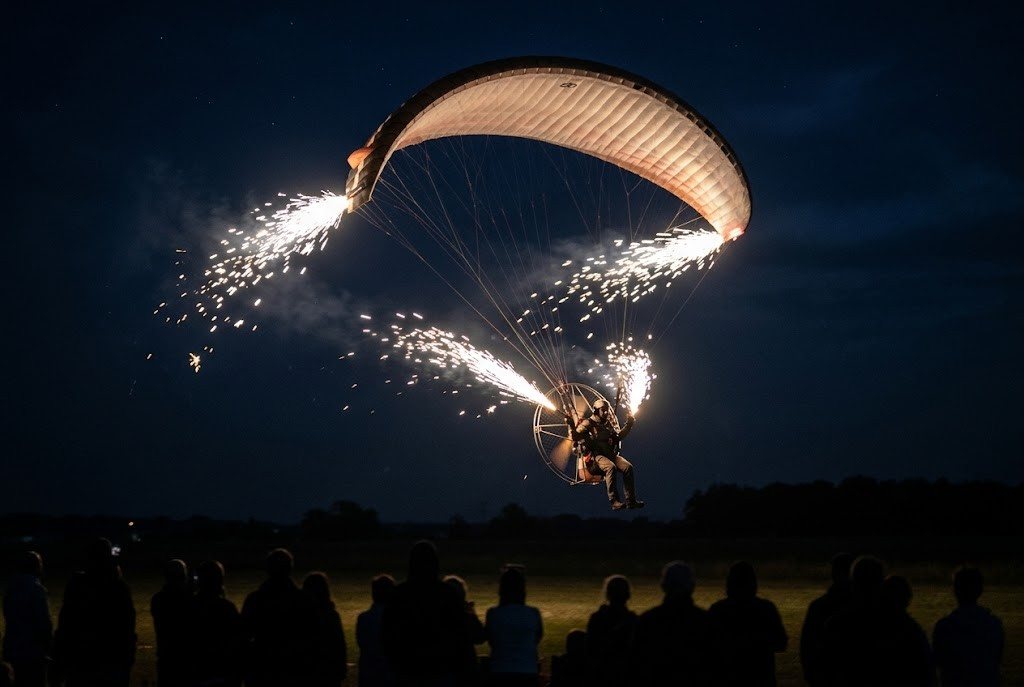A paramotor at night trailing pyrotechnic sparks over a crowd